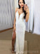 Sparkly White Sequins V-neck Long Mermaid Evening Prom Dresses, Custom Spaghetti Straps Prom Dress, MR8755