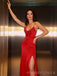 Simple Red Satin Spaghetti Straps Long Side Slit Evening Prom Dresses, Custom Prom Dress, MR8759
