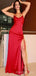 Simple Red Satin Spaghetti Straps Long Side Slit Evening Prom Dresses, Custom Prom Dress, MR8759