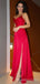 Simple Red Satin Spaghetti Straps Long Side Slit Evening Prom Dresses, Custom Prom Dress, MR8759