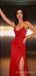 Simple Red Satin Spaghetti Straps Long Side Slit Evening Prom Dresses, Custom Prom Dress, MR8759