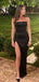 Mermaid Black Satin Strapless Side Slit Long Evening Prom Dresses, Custom Prom Dress, MR8769