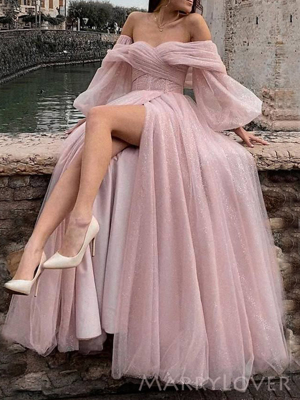 Off Shoulder Pink Tulle Sparkly A-line Long Evening Prom Dresses, Custom Prom Dress, MR8770