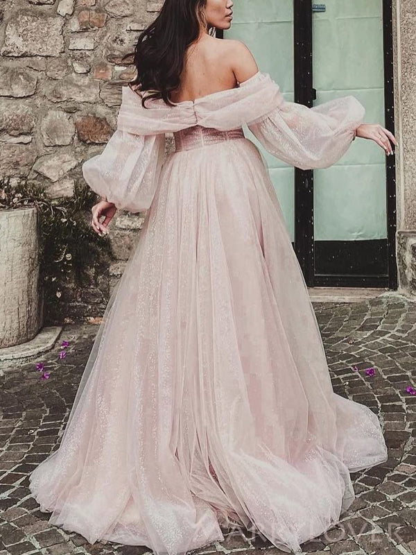 Off Shoulder Pink Tulle Sparkly A-line Long Evening Prom Dresses, Custom Prom Dress, MR8770