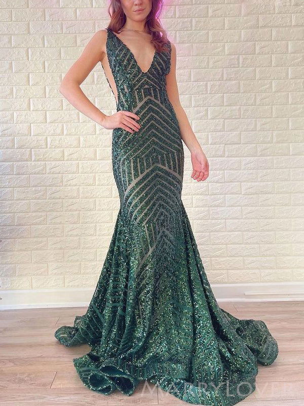 Gorgeous Mermaid V-neck Sequins Long Evening Prom Dresses, Custom Prom Dress, MR8772