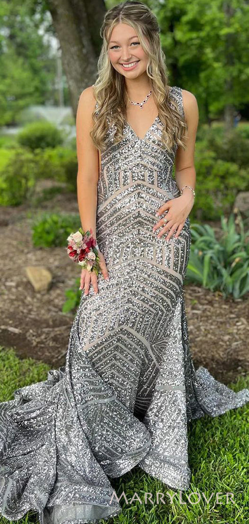 Gorgeous Mermaid V-neck Sequins Long Evening Prom Dresses, Custom Prom Dress, MR8772
