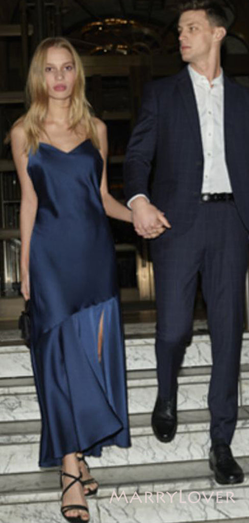 Morden Navy Blue Satin Spaghetti Straps V-neck Long Evening Prom Dresses, Custom Prom Dress, MR8773