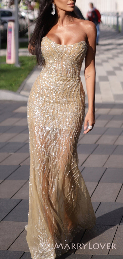 Popular Gold Sparkly Mermaid Strapless Long Evening Prom Dresses, Custom Prom Dress, MR8774