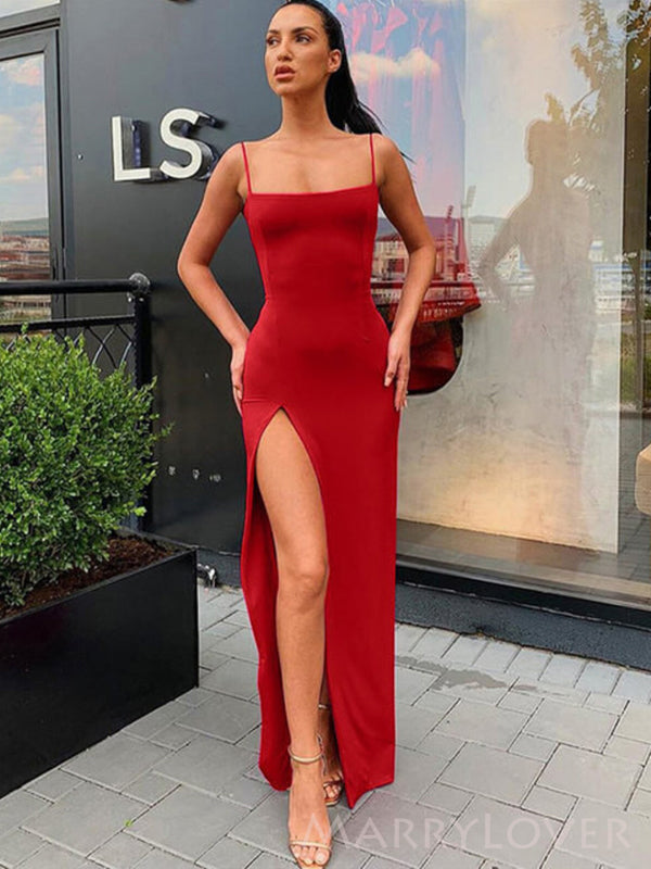 Simple Red Spaghetti Straps Mermaid Long Evening Prom Dresses, Custom Prom Dress, MR8775