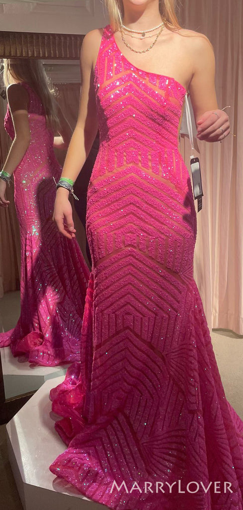 Elegant Hot Pink Sequins Mermaid One Shoulder Long Evening Prom Dresses, Custom Sparkly Prom Dress, MR8780