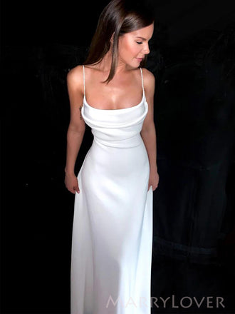 White Satin Spaghetti Straps Backless Long Evening Prom Dresses, Custom Prom Dress, MR8781