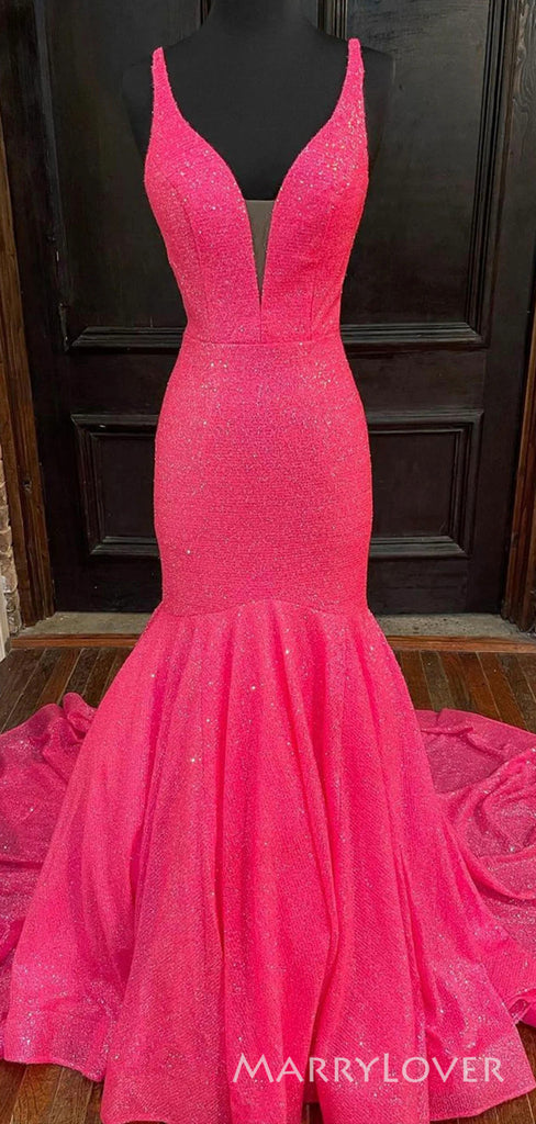 Elegant Deep V-neck Hot Pink Sequins Mermaid Long Evening Prom Dresses, Custom Sparkly Prom Dress, MR8783