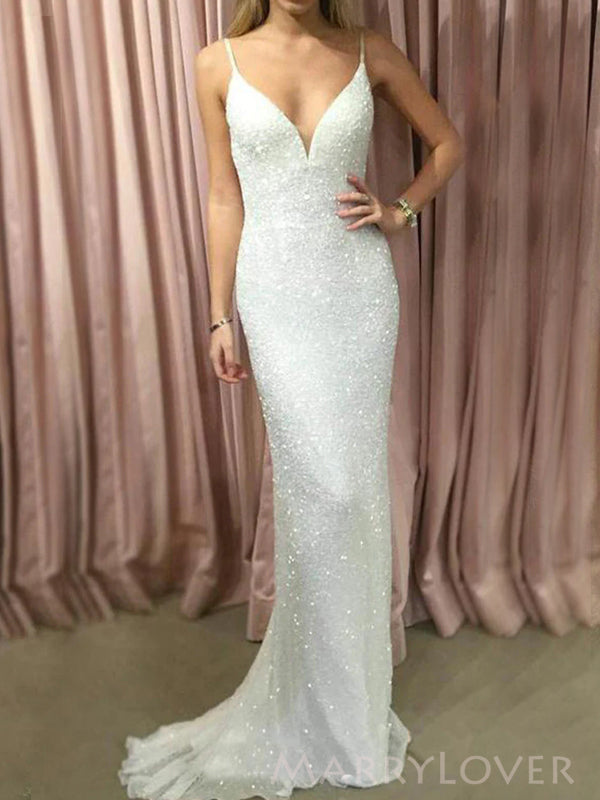 Mermaid White Sequins V-neck Long Evening Prom Dresses, Custom Spaghetti Straps Prom Dress, MR8785