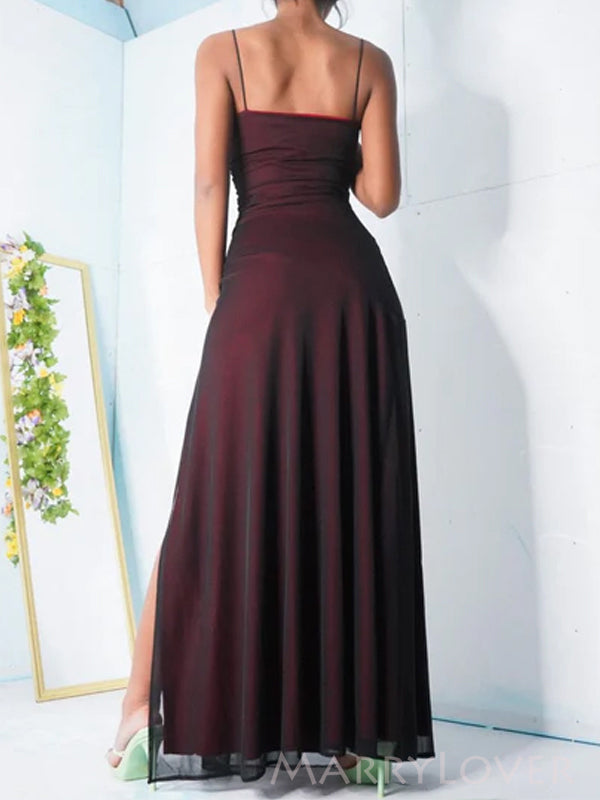 Popular Black Chiffon Red Spaghetti Straps Long Evening Prom Dresses, Custom Prom Side Slit Dress, MR8787