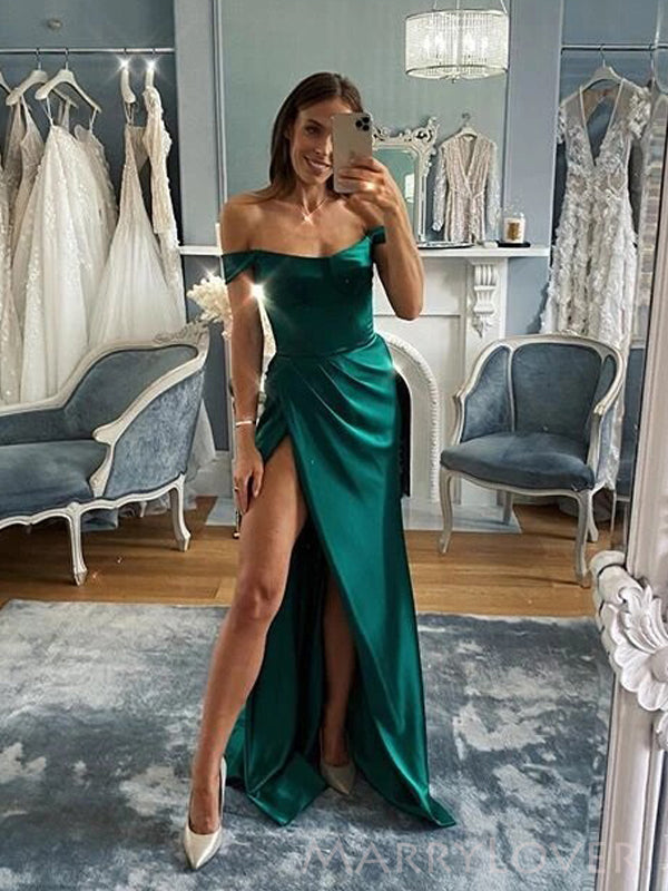 Off Shoulder Dark Green Satin High Slit Long Evening Prom Dresses, Custom Prom Dress, MR8788