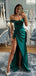 Off Shoulder Dark Green Satin High Slit Long Evening Prom Dresses, Custom Prom Dress, MR8788