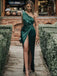 Dark Green Satin One Shoulder High Slit Long Evening Prom Dresses, Custom Prom Dress, MR8789