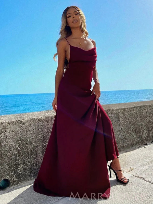 Burgundy Satin Spaghetti Straps Long Evening Prom Dresses, Custom Prom Dress, MR8791