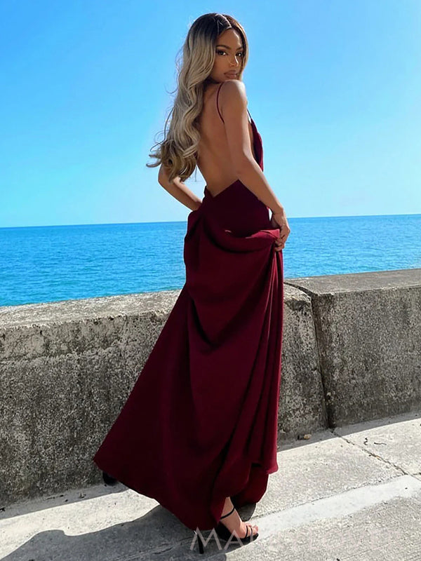 Burgundy Satin Spaghetti Straps Long Evening Prom Dresses, Custom Prom Dress, MR8791