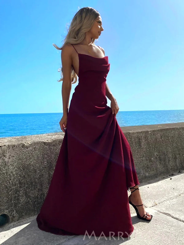 Burgundy Satin Spaghetti Straps Long Evening Prom Dresses, Custom Prom Dress, MR8791