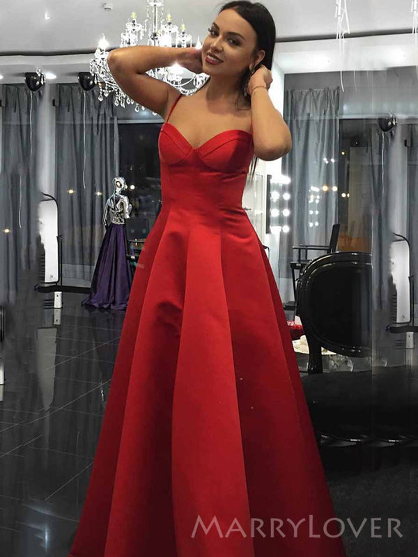 A-line Red Satin Sweet Heart Long Evening Prom Dresses, Custom Spaghetti Straps Prom Dress, MR8797