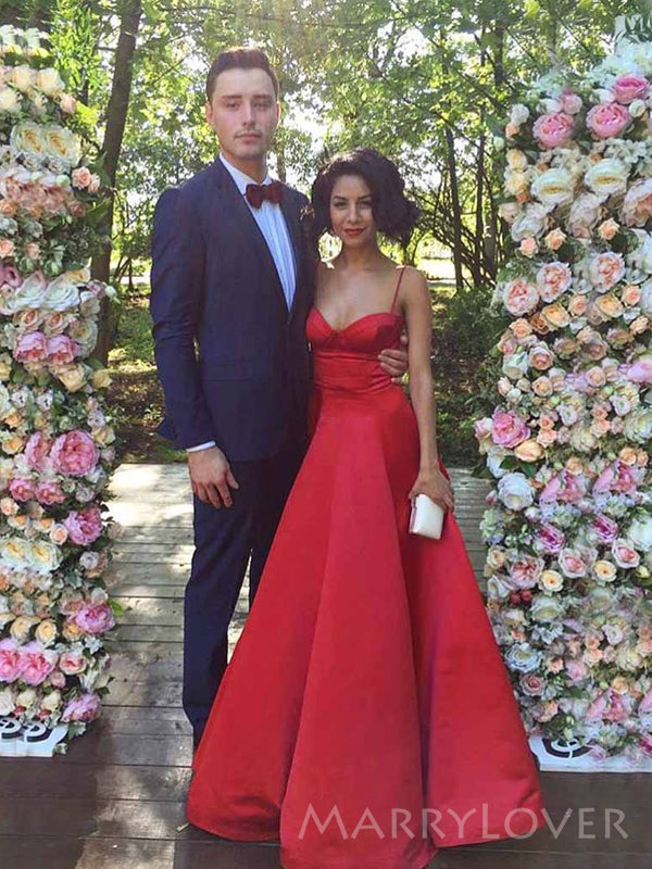 A-line Red Satin Sweet Heart Long Evening Prom Dresses, Custom Spaghetti Straps Prom Dress, MR8797