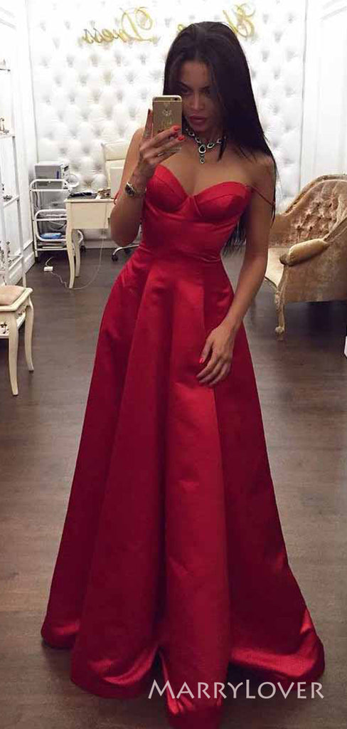 A-line Red Satin Sweet Heart Long Evening Prom Dresses, Custom Spaghetti Straps Prom Dress, MR8797