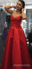 A-line Red Satin Sweet Heart Long Evening Prom Dresses, Custom Spaghetti Straps Prom Dress, MR8797