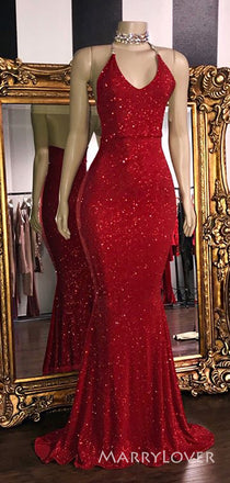 Red Sparkly Mermaid Spaghetti Straps Long Evening Prom Dresses, Custom C-neck Prom Dress, MR8799