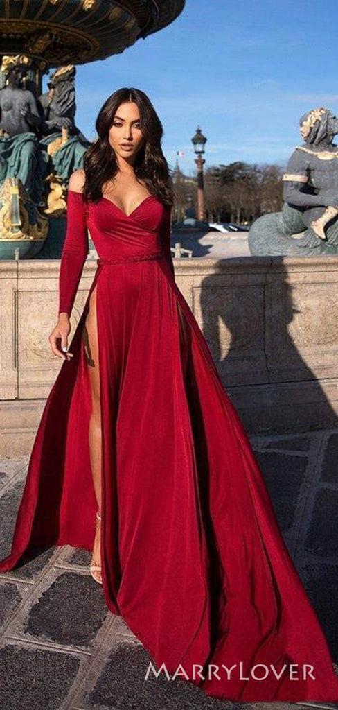 Long Seeves Red High Slit Long Evening Prom Dresses, Custom Prom Dress, MR8802