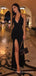 Deep V-neck Black Long Spaghetti Straps Evening Prom Dresses, Custom Side Slit Prom Dress, MR8806