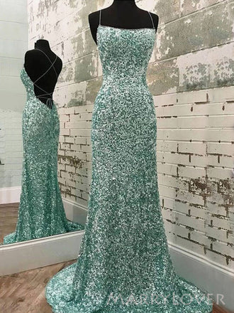 Spaghetti Straps Green Sequins Long Evening Prom Dresses, Custom Backless Prom Dress, MR8808
