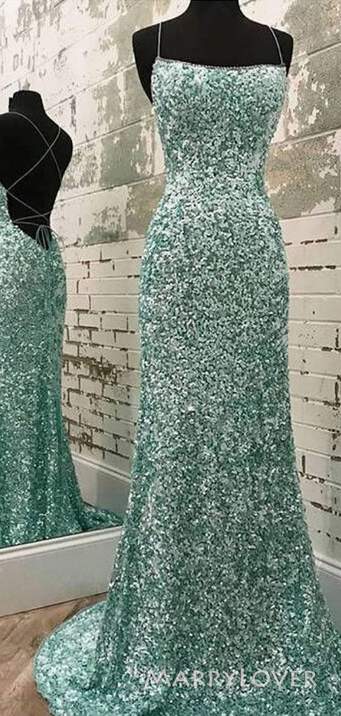Spaghetti Straps Green Sequins Long Evening Prom Dresses, Custom Backless Prom Dress, MR8808