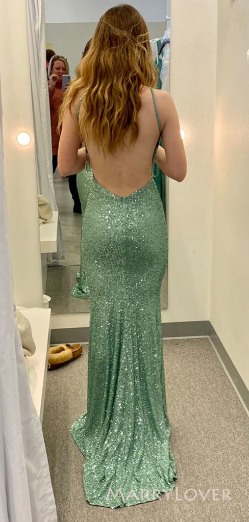 Mermaid Green Sequins V-neck Long Evening Prom Dresses, Custom Spaghetti Straps Prom Dress, MR8811