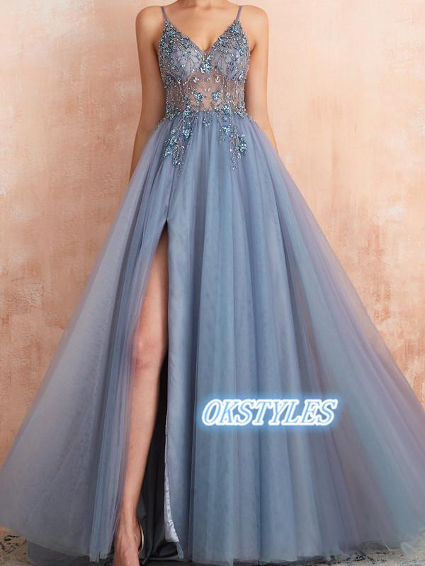 Elegant A-line V-neck Sleeveless High Side Slit With Beads Prom Dresses, OL027