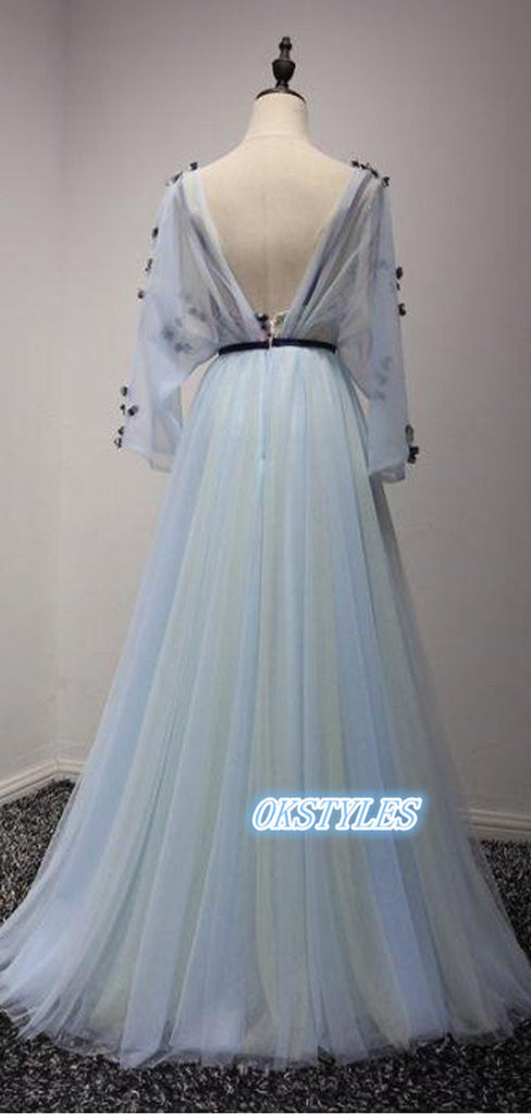 A-line V-neck Long Sleeves V-back With Applique Long Prom Dresses, OL029