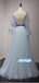 A-line V-neck Long Sleeves V-back With Applique Long Prom Dresses, OL029