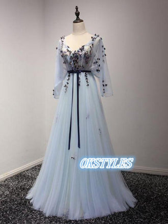 A-line V-neck Long Sleeves V-back With Applique Long Prom Dresses, OL029