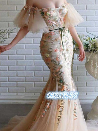 Beautiful Mermaid Strapless Off-shoulder With Applique Prom Dresses, OL033