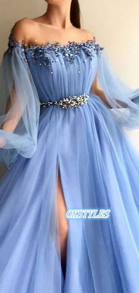 Elegant A-line Long Sleeves High Side Slit With Beads Prom Dresses, OL034
