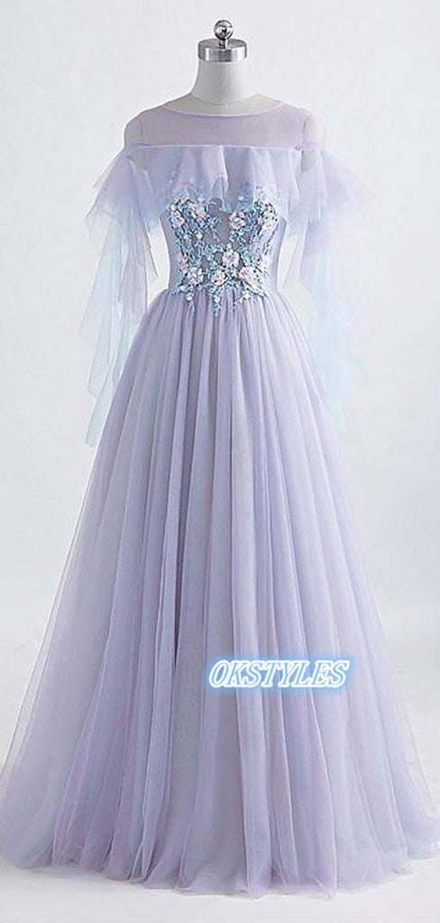 Elegant A-line Tulle Round-neck  With Applique Long Prom Dresses, OL035