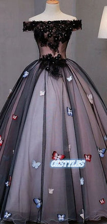 Elegant Ball-gown Tulle Off-shoulder With Applique Long Prom Dresses, OL036