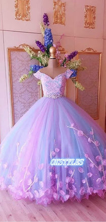 Beautiful Ball-gown Lace Off-shoulder With Applique Long Prom Dresses, OL037