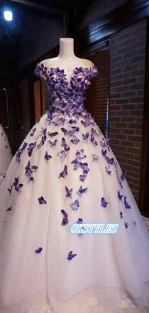 Ball-gown Tulle Cap Sleeves With Applique Long Prom Dresses, OL038