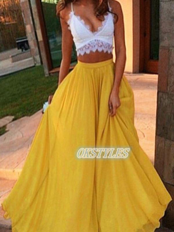 Charming Two-Pieces V-neck Floor-Length Prom Dresses, OL068