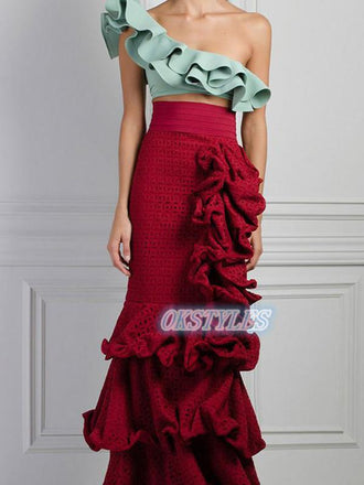 Beautiful Satin Two-Pieces One-Shoulder Long Prom Dresses, OL071