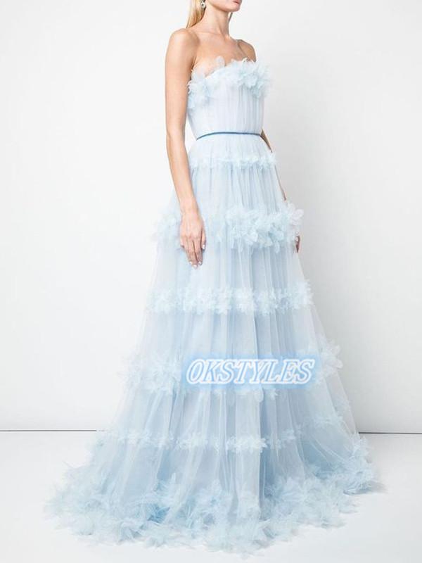 Elegant Tulle Strapless A-line Sleeveless Long Prom Dresses, OL075