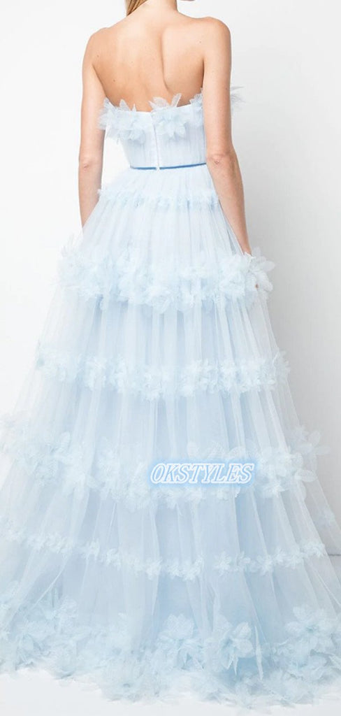 Elegant Tulle Strapless A-line Sleeveless Long Prom Dresses, OL075