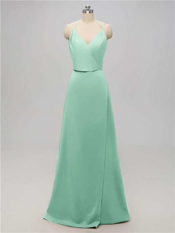 V Neck Satin Floor Length Bridesmaid Dresses