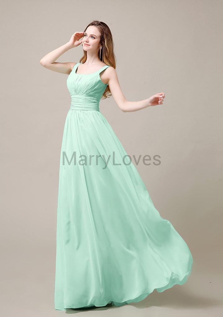 Square Neck Pleats Floor Length Bridesmaid Dresses